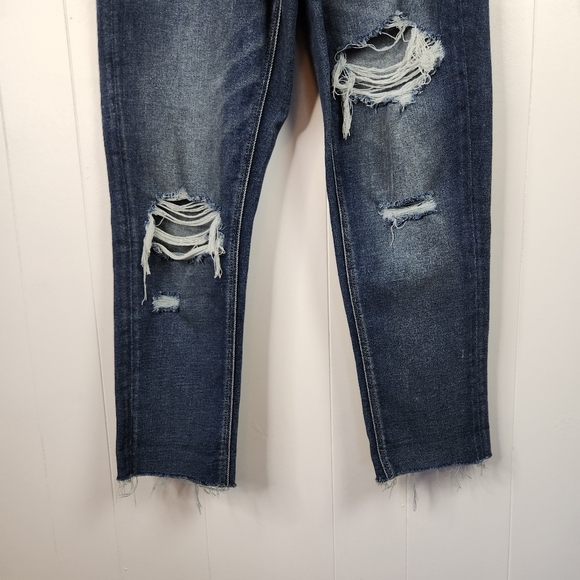 American Eagle AEO Dark Wash Tomgirl Jeans Stretch Cropped Frayed Button Fly 4 - Picture 7 of 13